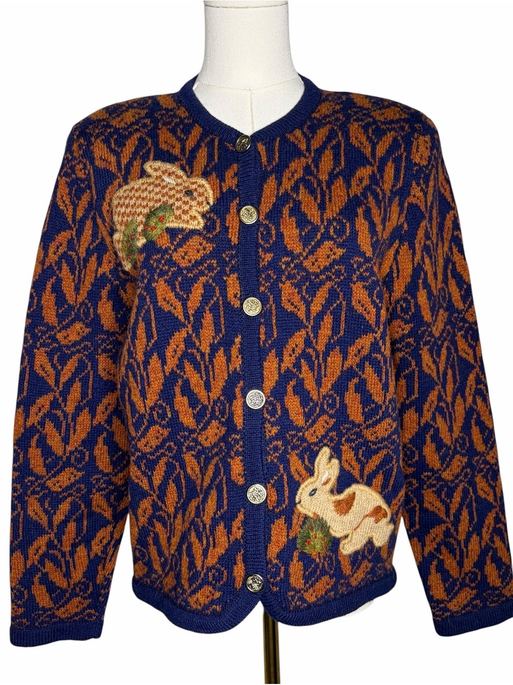 VTG 70s Bunny Rabbit Patterned Cardigan Cottage Granny Boho Cute